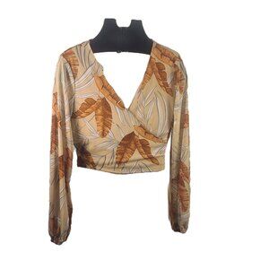 LULUS Touring the Tropics Tan Tropical Print Long Sleeve Wrap Crop Top Size XL